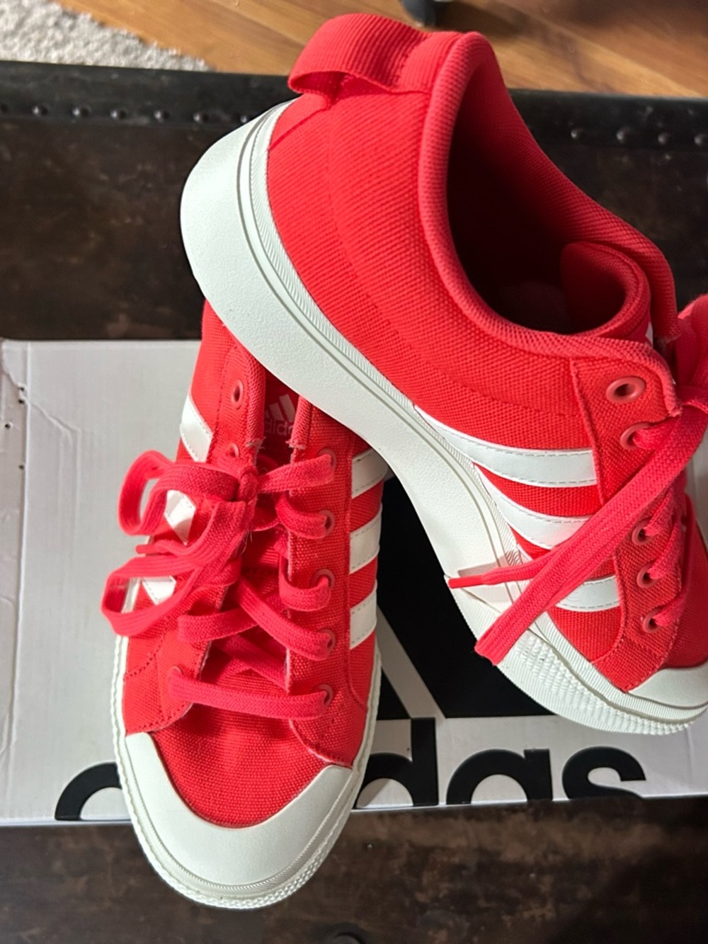 adidas Red Canvas Bravada 2.0 Platform Shoes with White Stripes